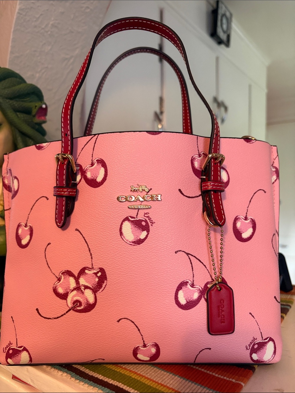 Coach Mollie Tote 25 Pink Cherry Print with Card/ID Case NWOT